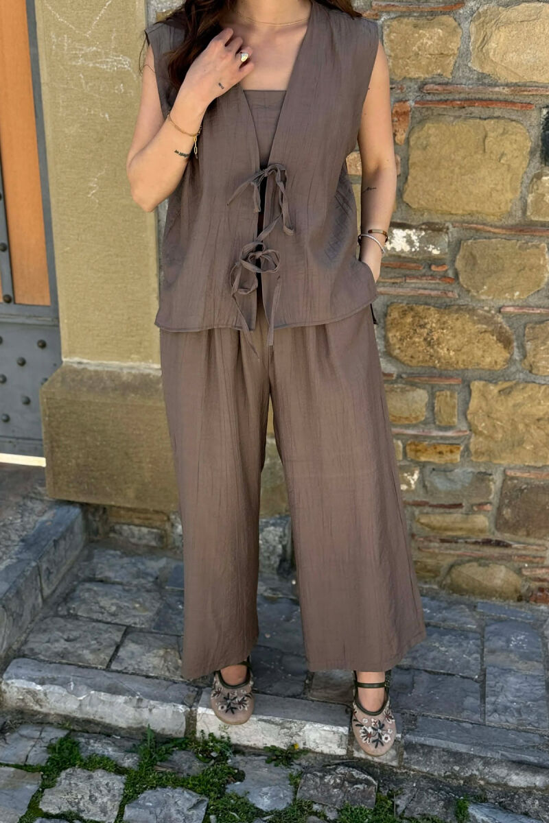 ONE COLOR LACING VEST+CROP TOP+TROUSERS WOMAN SET DARK KHAKI/KAKI E ERRET - 3