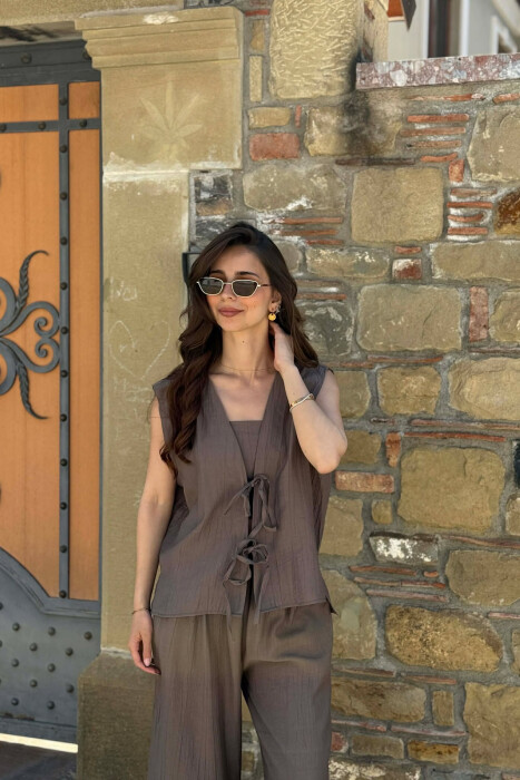 ONE COLOR LACING VEST+CROP TOP+TROUSERS WOMAN SET DARK KHAKI/KAKI E ERRET - 5