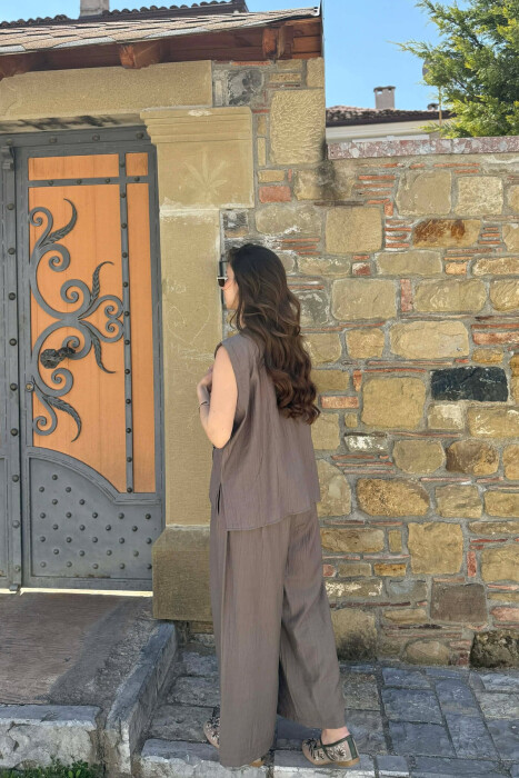 ONE COLOR LACING VEST+CROP TOP+TROUSERS WOMAN SET DARK KHAKI/KAKI E ERRET - 8