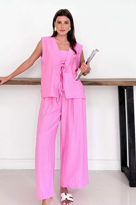 ONE COLOR LACING VEST+CROP TOP+TROUSERS WOMAN SET PINK/ROZE 