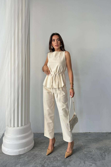 ONE COLOR LACING VEST+TROUSERS WOMEN SET CREAM/KREM - 1