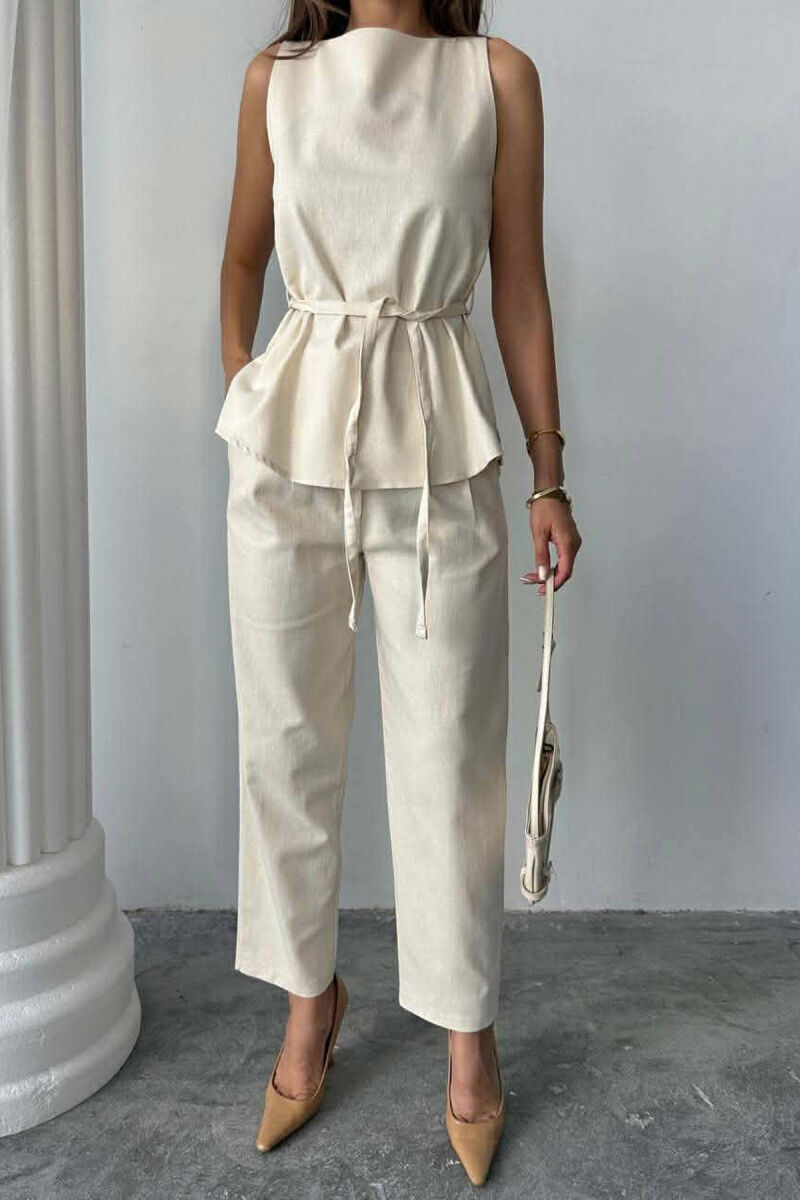 ONE COLOR LACING VEST+TROUSERS WOMEN SET CREAM/KREM - 2