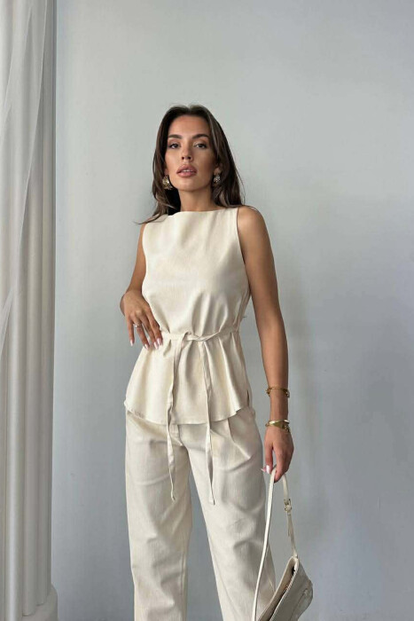 ONE COLOR LACING VEST+TROUSERS WOMEN SET CREAM/KREM - 3