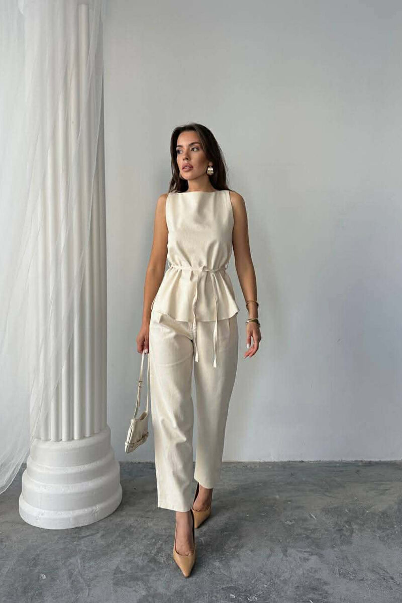 ONE COLOR LACING VEST+TROUSERS WOMEN SET CREAM/KREM - 4