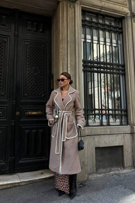 ONE COLOR LACING WAIST DETAIL WOMEN COAT BEIGE/BEZHE - KLAUDIO FASHION