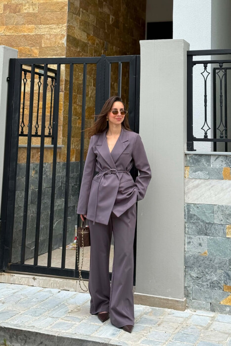 ONE COLOR LACING WAIST JACKET + TROUSERS WOMAN SET GREY/GRI - 2