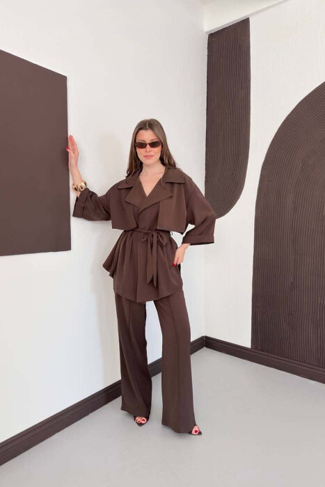 ONE COLOR LACING WAIST SHIRT + TROUSERS WOMAN SET BROWN/KAFE 