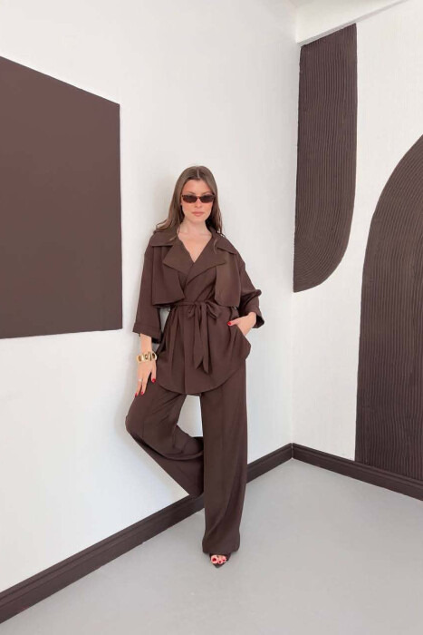 ONE COLOR LACING WAIST SHIRT + TROUSERS WOMAN SET BROWN/KAFE - 2