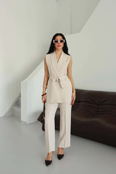 ONE COLOR LACING WAIST VEST + TROUSERS WOMAN SET BEIGE/BEZHE 