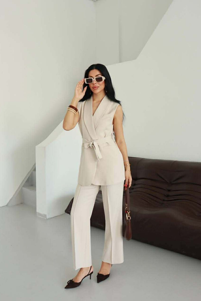 ONE COLOR LACING WAIST VEST + TROUSERS WOMAN SET BEIGE/BEZHE - 2