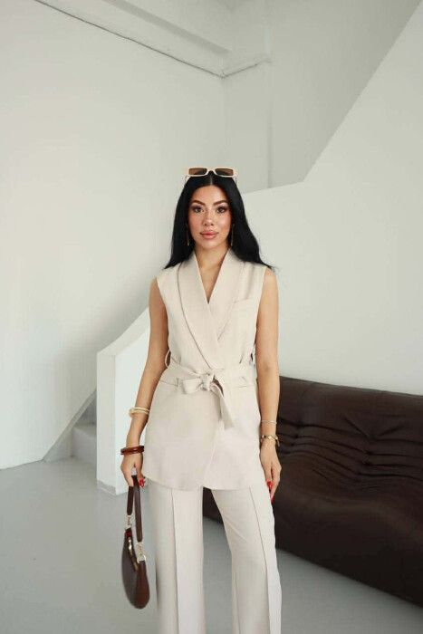 ONE COLOR LACING WAIST VEST + TROUSERS WOMAN SET BEIGE/BEZHE - 4