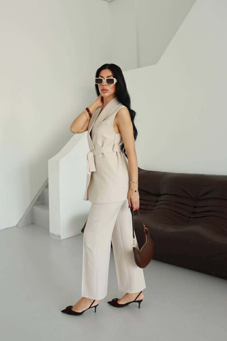 ONE COLOR LACING WAIST VEST + TROUSERS WOMAN SET BEIGE/BEZHE - 5