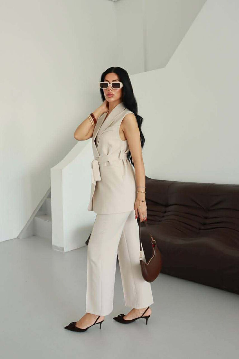 ONE COLOR LACING WAIST VEST + TROUSERS WOMAN SET BEIGE/BEZHE - 5