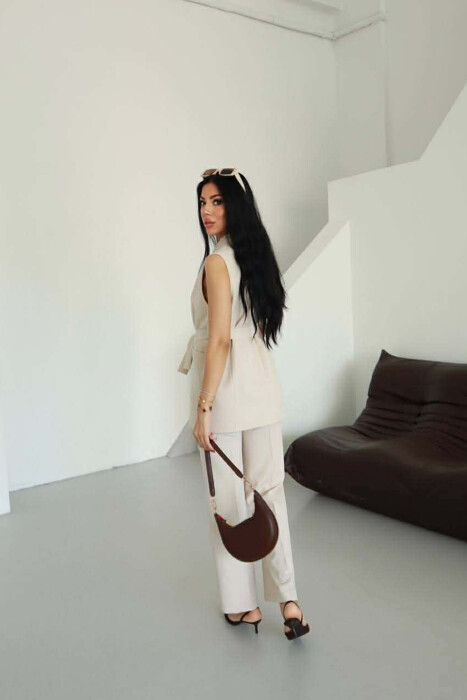 ONE COLOR LACING WAIST VEST + TROUSERS WOMAN SET BEIGE/BEZHE - 6