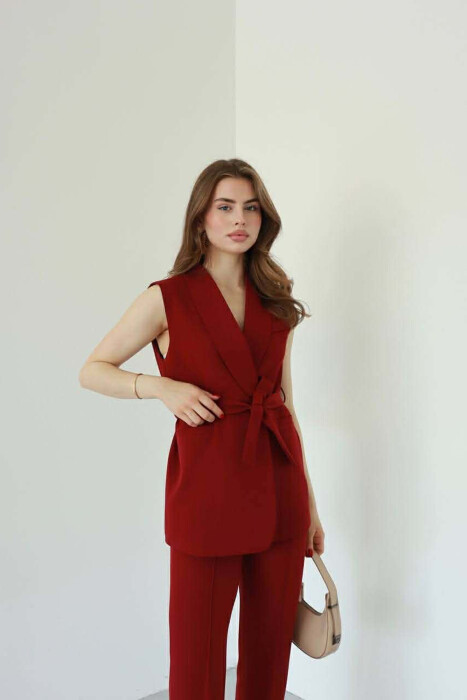 ONE COLOR LACING WAIST VEST + TROUSERS WOMAN SET BURGUNDY/VISHNJE - 7