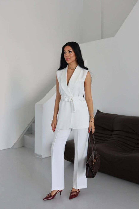 ONE COLOR LACING WAIST VEST + TROUSERS WOMAN SET WHITE-E BARDHE 
