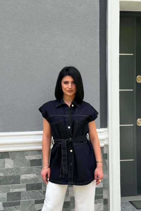 ONE COLOR LACING WAIST WOMAN VEST DARK BLUE/BEE - 1
