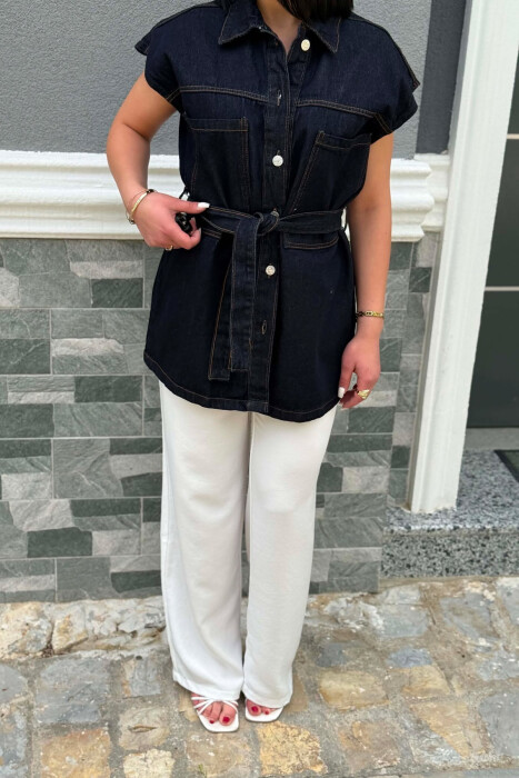 ONE COLOR LACING WAIST WOMAN VEST DARK BLUE/BEE - 2