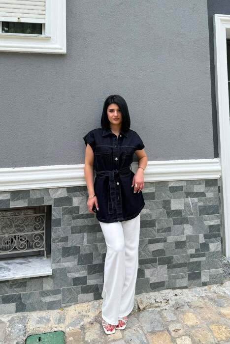 ONE COLOR LACING WAIST WOMAN VEST DARK BLUE/BEE - 3