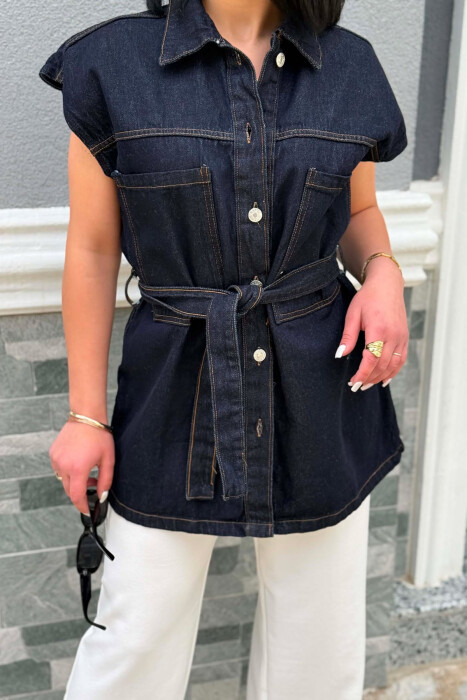 ONE COLOR LACING WAIST WOMAN VEST DARK BLUE/BEE - 4