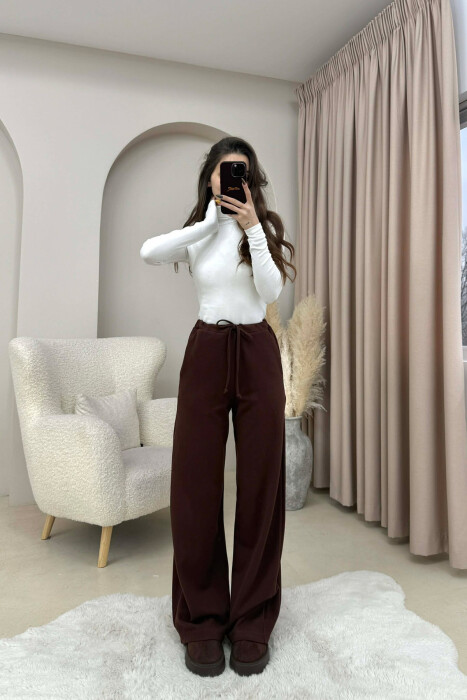 ONE COLOR LACING WAIST WOMEN TROUSERS BROWN/KAFE - KLAUDIO FASHION