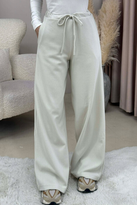 ONE COLOR LACING WAIST WOMEN TROUSERS CREAM/KREM - KLAUDIO FASHION