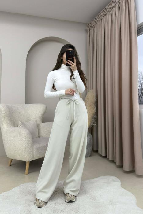 ONE COLOR LACING WAIST WOMEN TROUSERS CREAM/KREM - 4