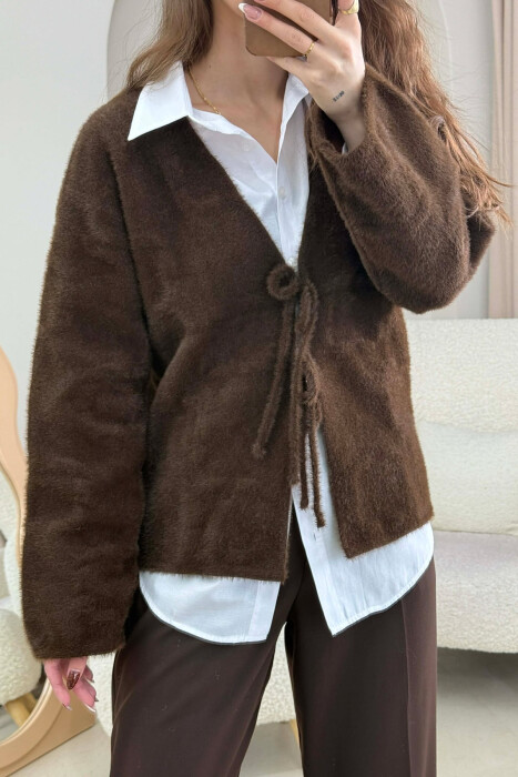 ONE COLOR LACING WOMEN CARDIGAN BROWN/KAFE - 4