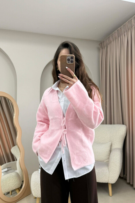 ONE COLOR LACING WOMEN CARDIGAN PINK/ROZE - 3