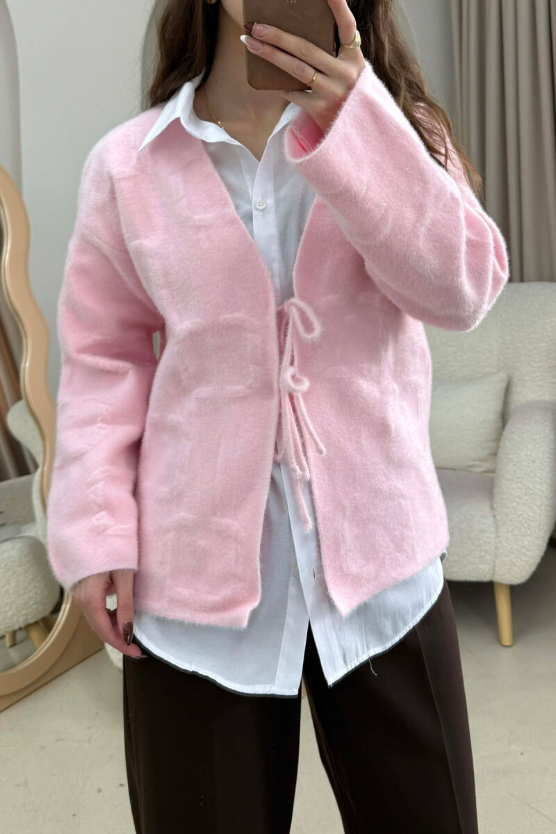 ONE COLOR LACING WOMEN CARDIGAN PINK/ROZE - 4