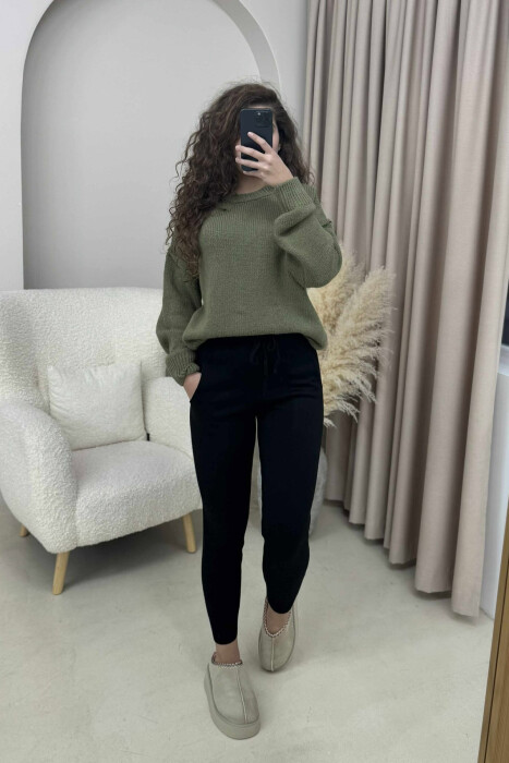 ONE COLOR LACINGS KNIT WOMEN TROUSERS BLACK/ E ZEZE - 1