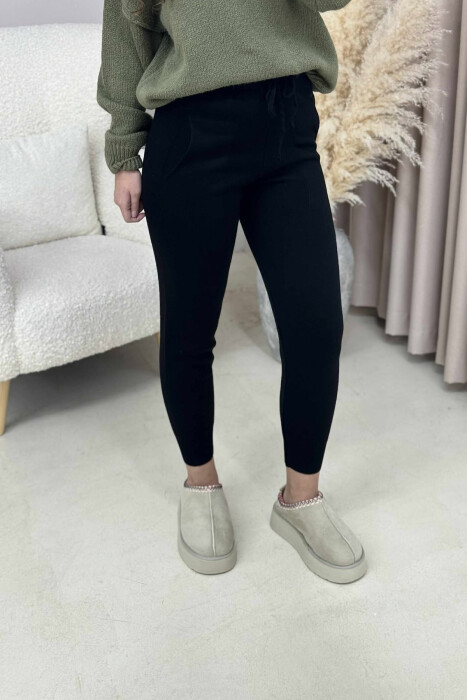 ONE COLOR LACINGS KNIT WOMEN TROUSERS BLACK/ E ZEZE - 3