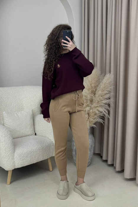 ONE COLOR LACINGS KNIT WOMEN TROUSERS BROWN/KAFE 