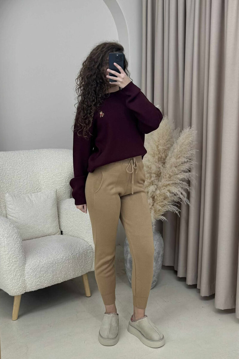 ONE COLOR LACINGS KNIT WOMEN TROUSERS BROWN/KAFE - 1