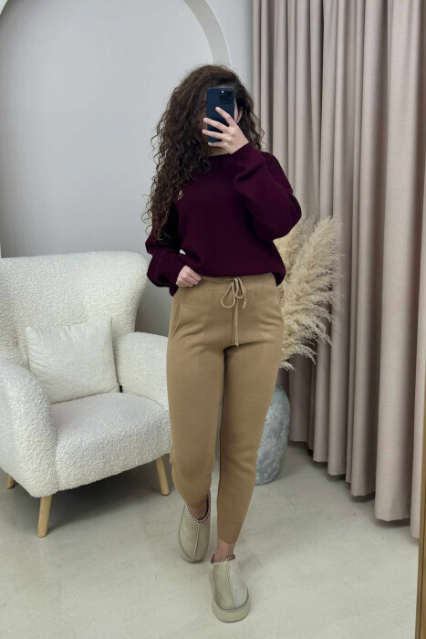 ONE COLOR LACINGS KNIT WOMEN TROUSERS BROWN/KAFE - 2