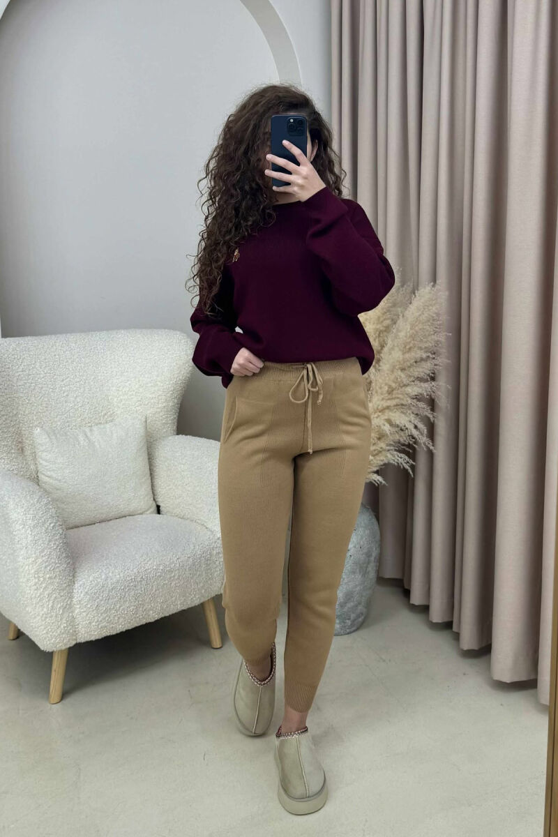 ONE COLOR LACINGS KNIT WOMEN TROUSERS BROWN/KAFE - 2