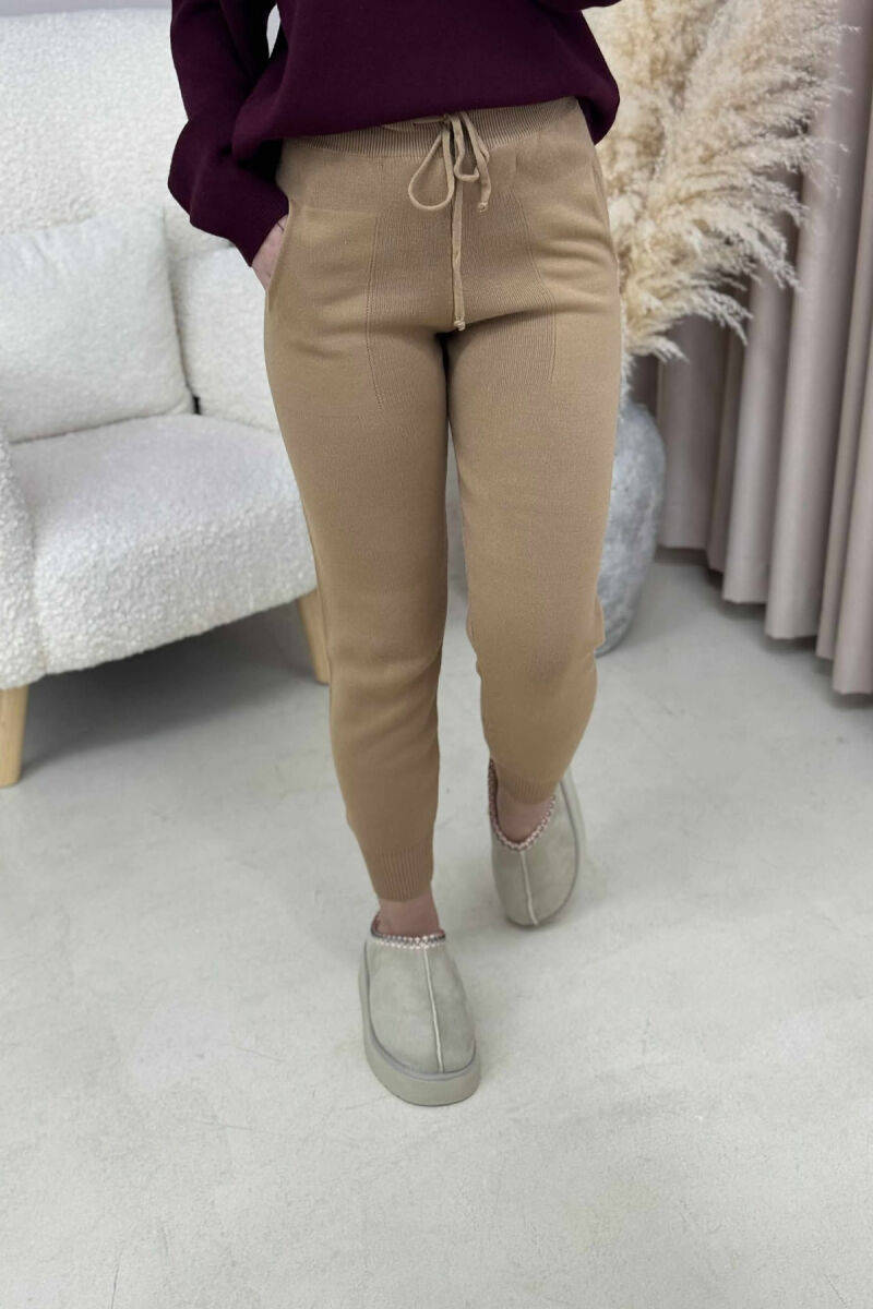 ONE COLOR LACINGS KNIT WOMEN TROUSERS BROWN/KAFE - 3