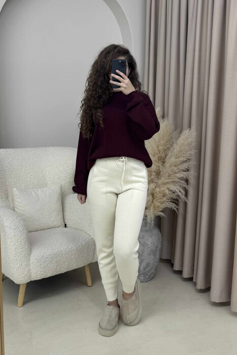 ONE COLOR LACINGS KNIT WOMEN TROUSERS CREAM/KREM 