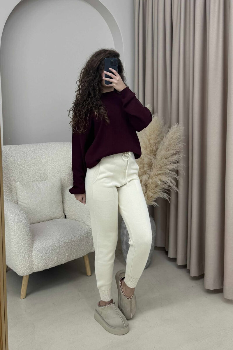 ONE COLOR LACINGS KNIT WOMEN TROUSERS CREAM/KREM - 3