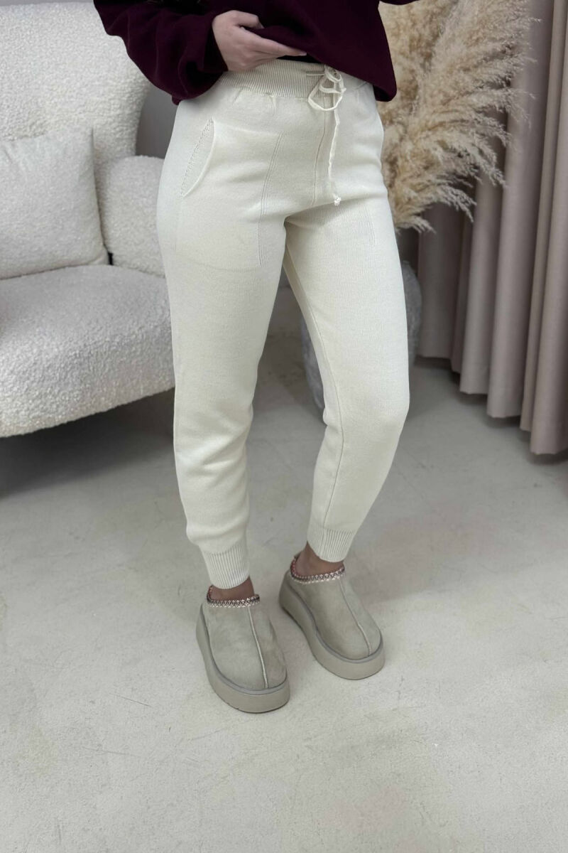 ONE COLOR LACINGS KNIT WOMEN TROUSERS CREAM/KREM - 4