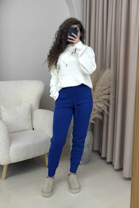 ONE COLOR LACINGS KNIT WOMEN TROUSERS DARK BLUE/BEE - 1