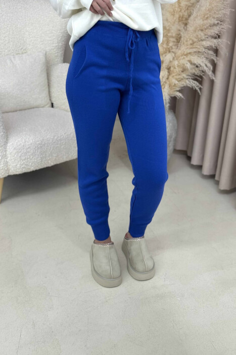 ONE COLOR LACINGS KNIT WOMEN TROUSERS DARK BLUE/BEE - 3