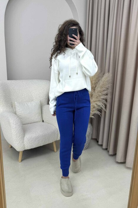 ONE COLOR LACINGS KNIT WOMEN TROUSERS DARK BLUE/BEE - 2