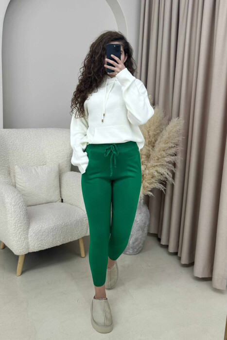 ONE COLOR LACINGS KNIT WOMEN TROUSERS GREEN/JESHILE 