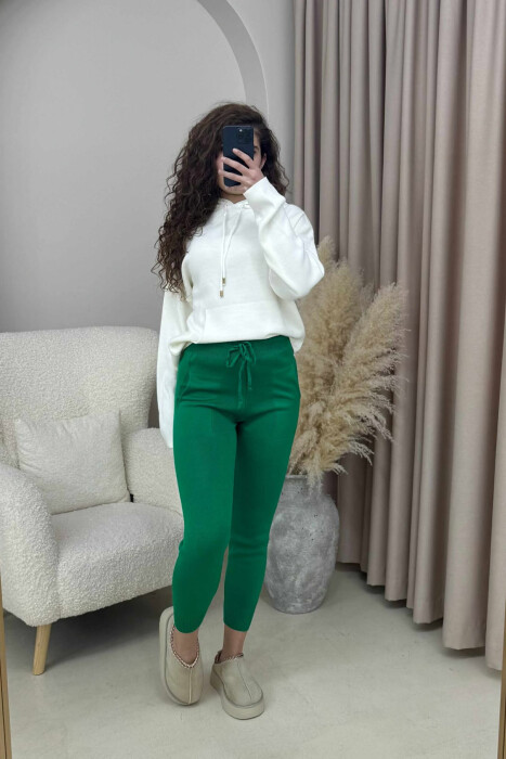 ONE COLOR LACINGS KNIT WOMEN TROUSERS GREEN/JESHILE - 2