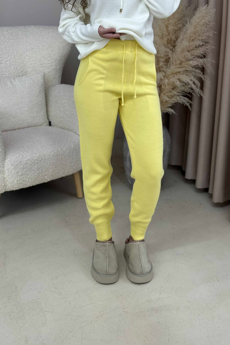 ONE COLOR LACINGS KNIT WOMEN TROUSERS LEMON/ LIMON - 3
