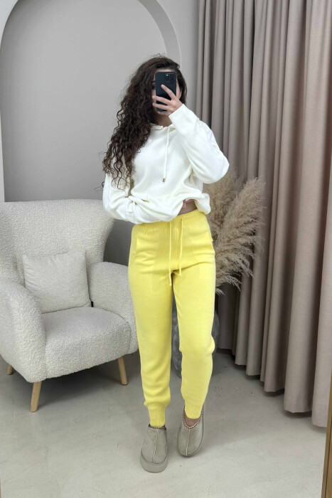 ONE COLOR LACINGS KNIT WOMEN TROUSERS LEMON/ LIMON 