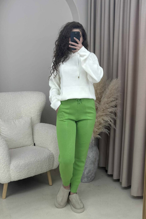 ONE COLOR LACINGS KNIT WOMEN TROUSERS LIGHT GREEN/JEZB - 1