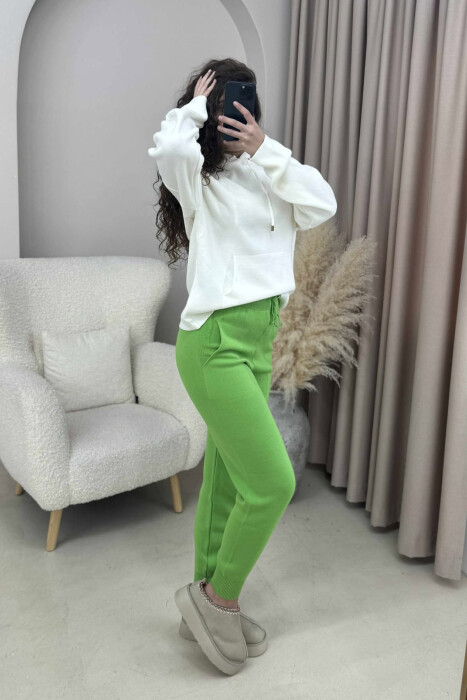 ONE COLOR LACINGS KNIT WOMEN TROUSERS LIGHT GREEN/JEZB - 2