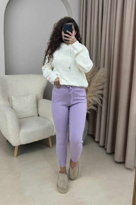 ONE COLOR LACINGS KNIT WOMEN TROUSERS LIGHT PURPLE/LEZB - 1